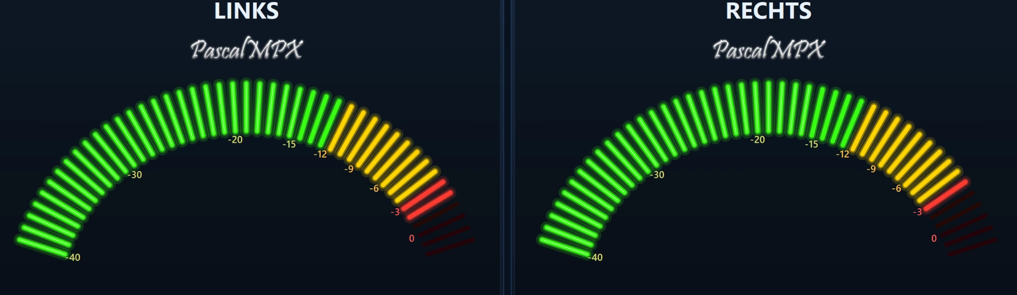 PascalMPX Audio Meter met grote stereo niveaumeters voor links en rechts